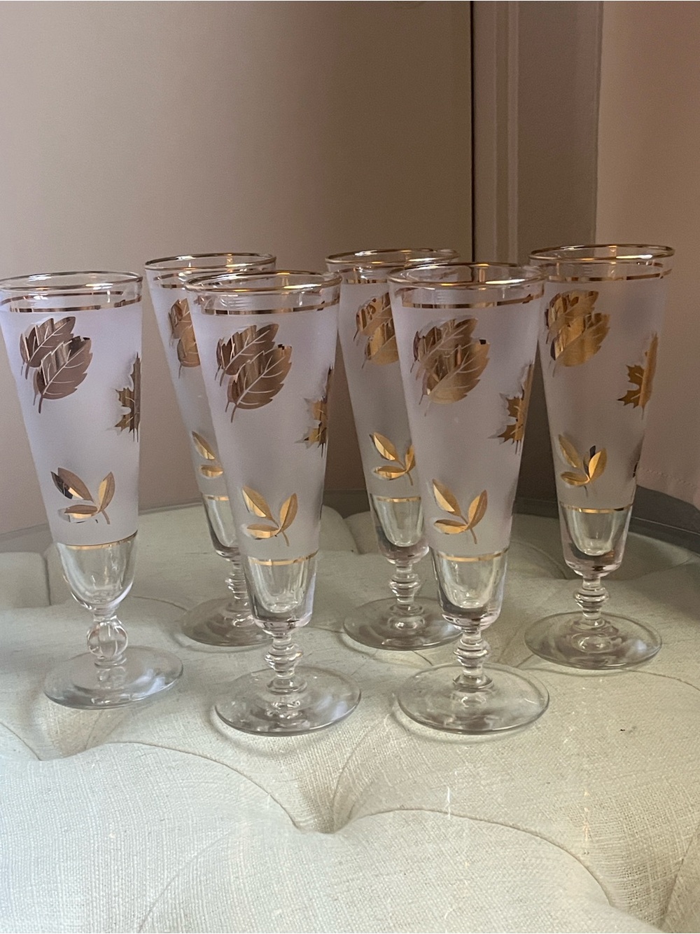 Vintage Mid-Century Modern Bar Ware Libbey Glass Co. Frosted Gold Leaf- Set of 6